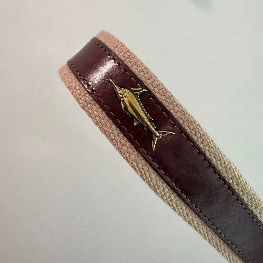 Brighton Nautical Canvas Leather Belt Brass Marlin Tuna‎ Fish  Brown Tan 44